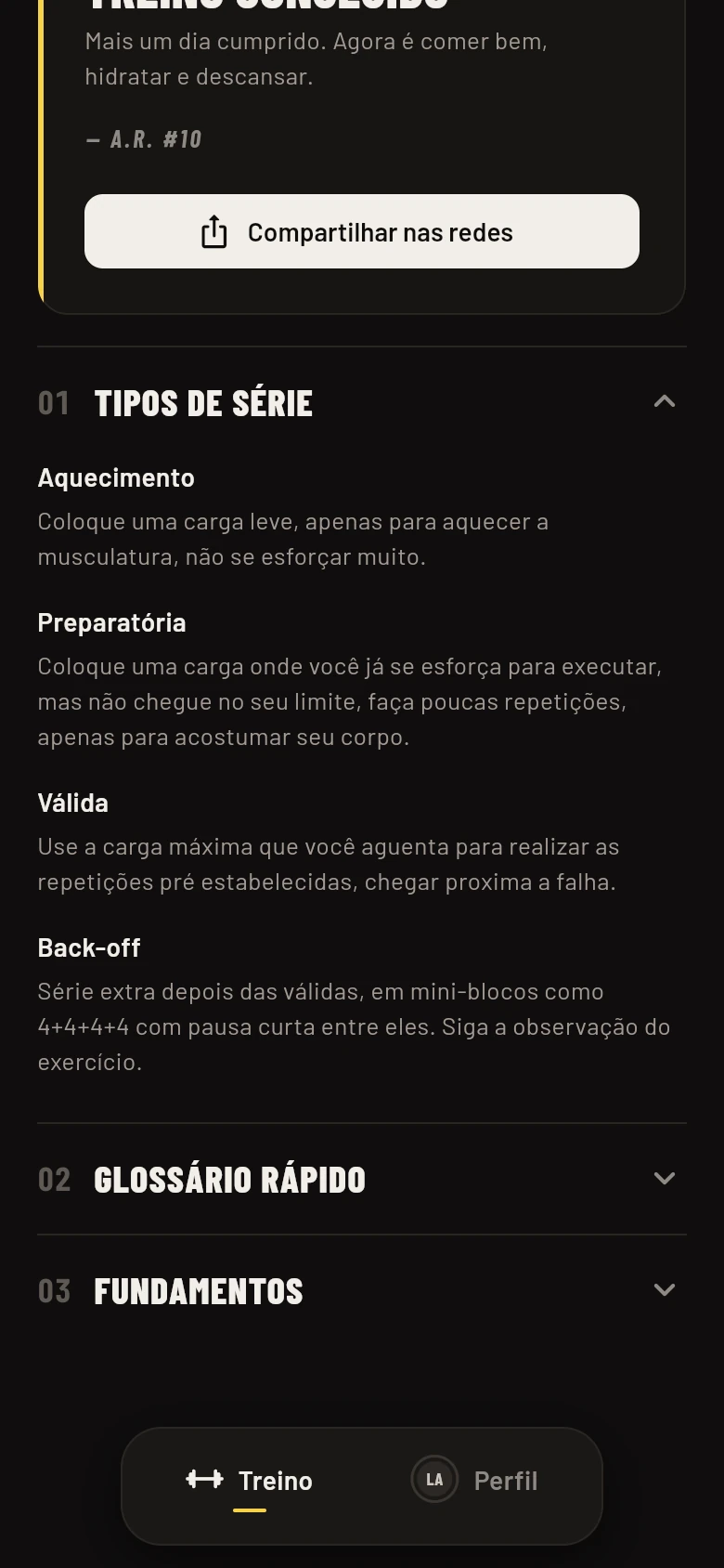 Explicação dos tipos de série: aquecimento, preparatória, válida e back-off